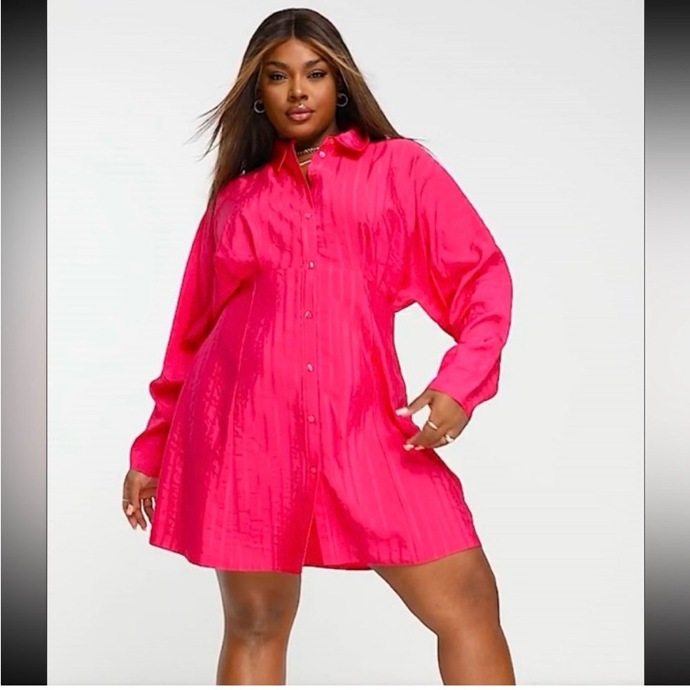 ASOS DESIGN Curve texture stripe volume sleeve mini shirt dress inhot pink NWOT